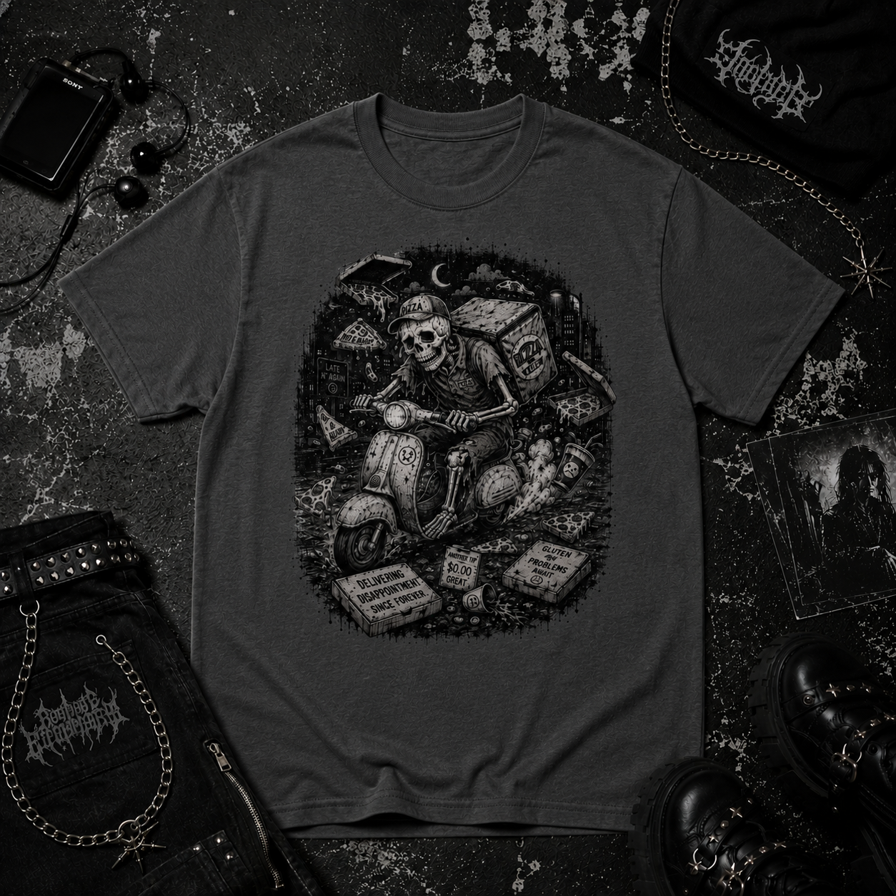 Skeleton Pizza Guy tee