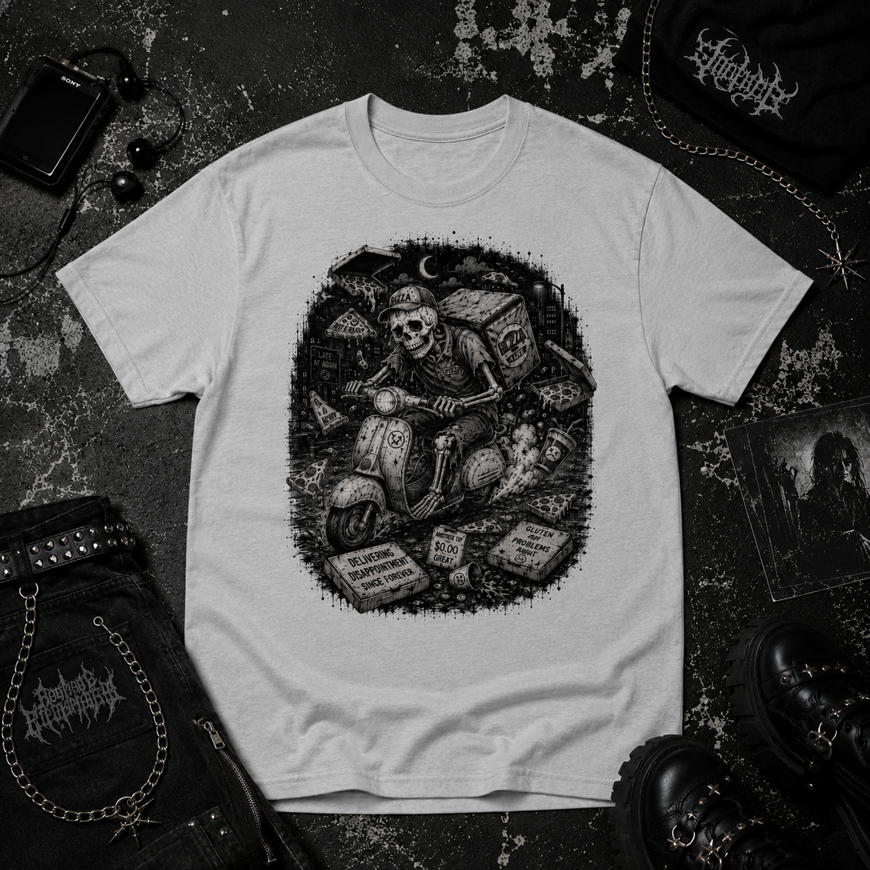 Skeleton Pizza Guy tee