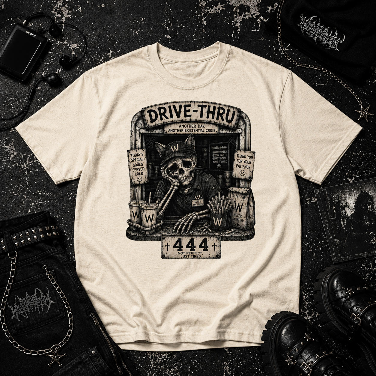 Cat Working Fast Food tee
