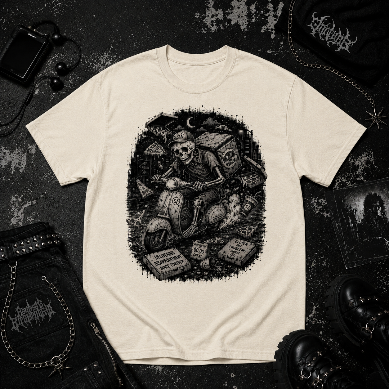 Skeleton Pizza Guy tee