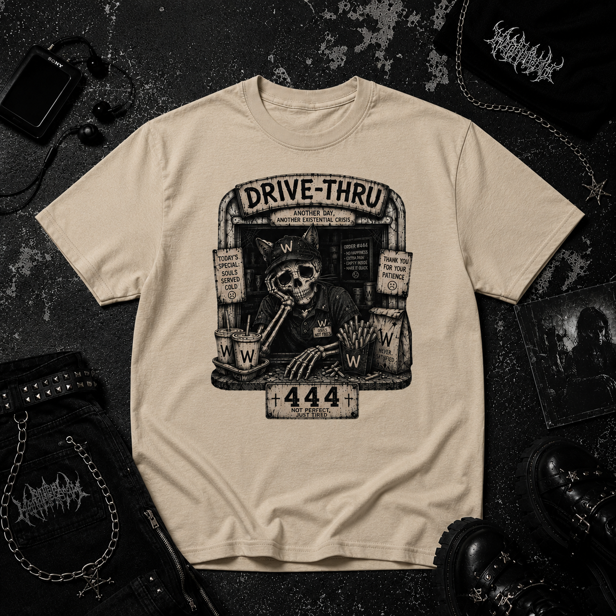 Cat Working Fast Food tee
