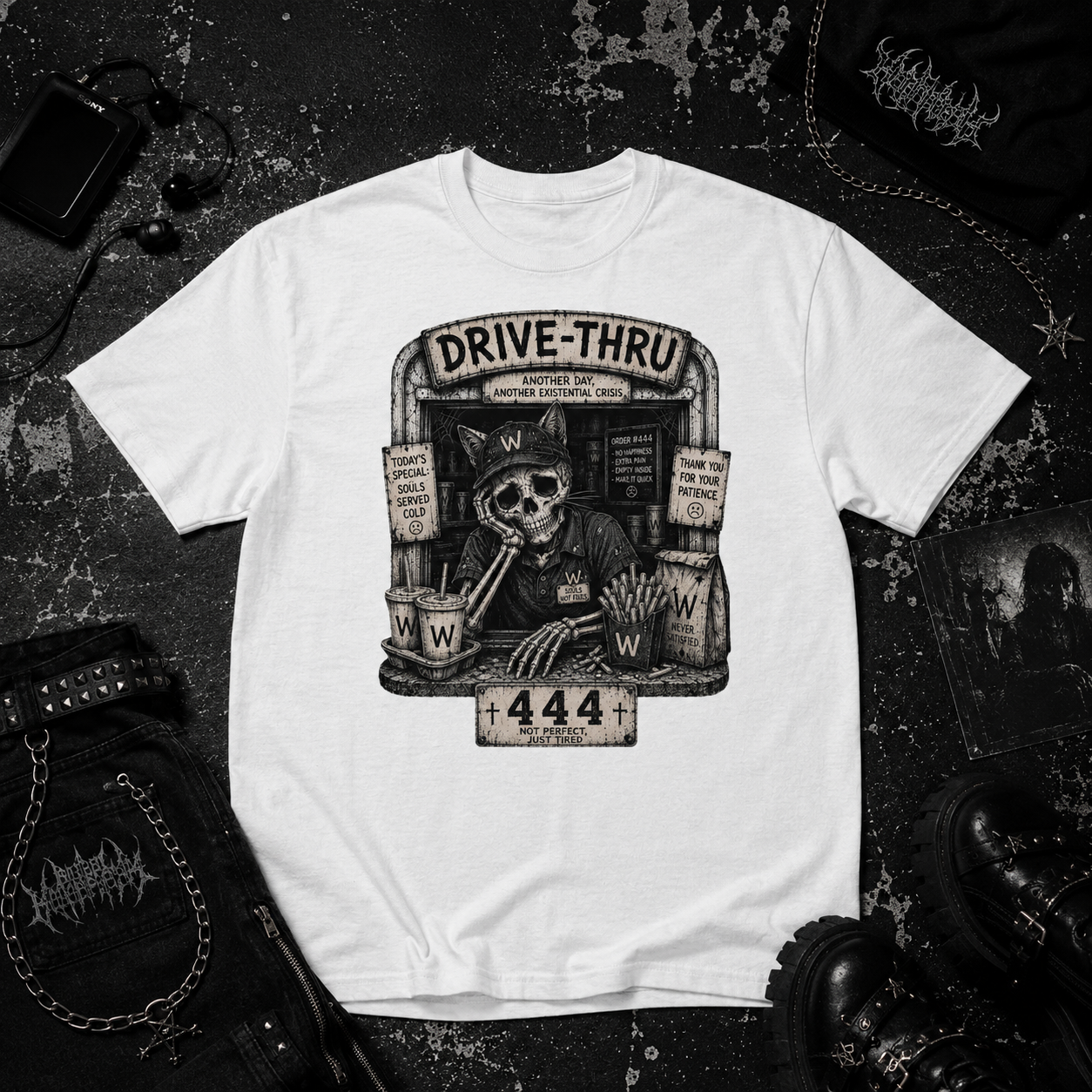 Cat Working Fast Food tee